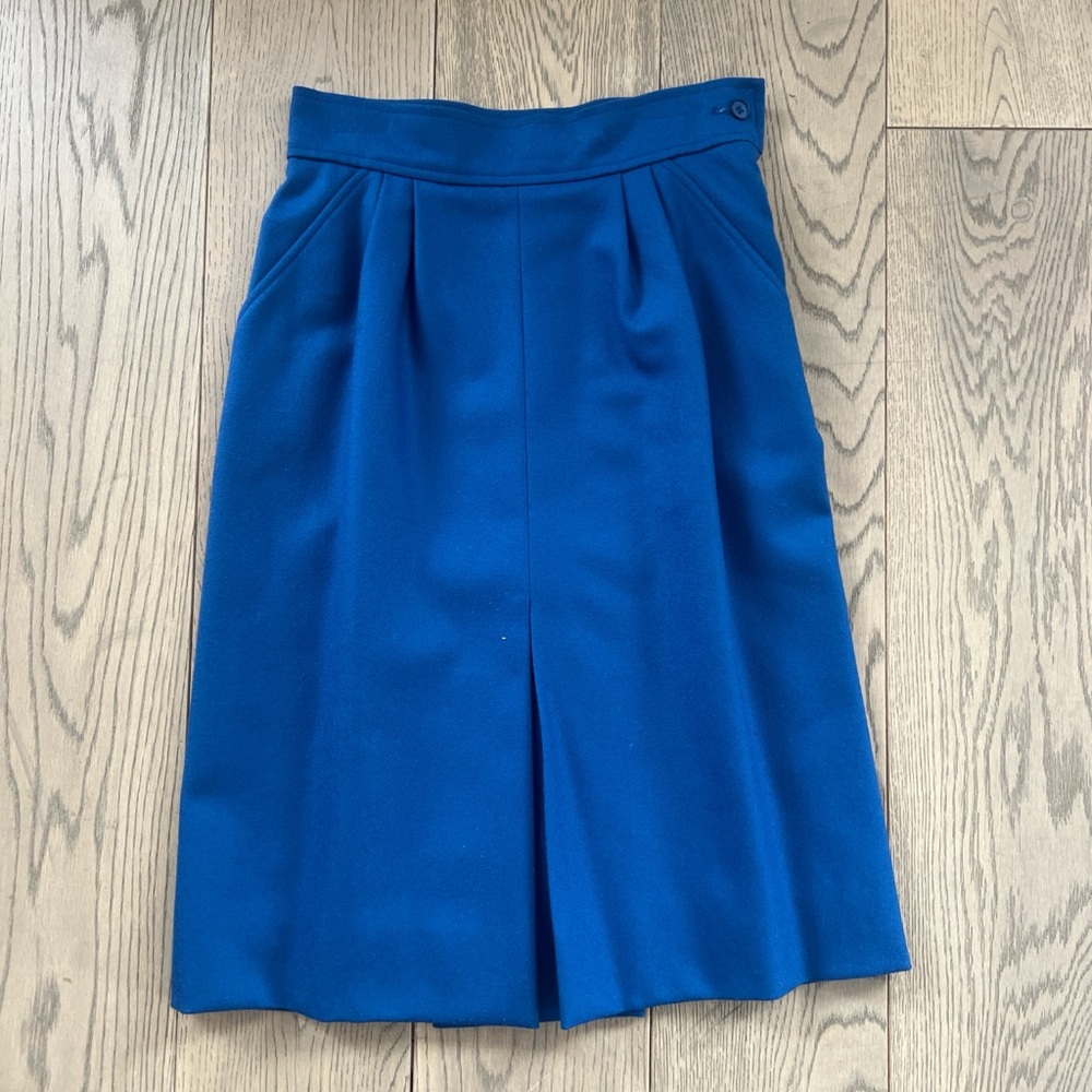 Saint Laurent Rive Gauche Blue Wool Vintage A- Line Skirt Made in France Size 34